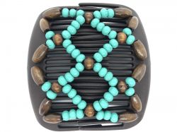 African Butterfly hair clip on brown interlocking combs with brown and turquoise wooden beads