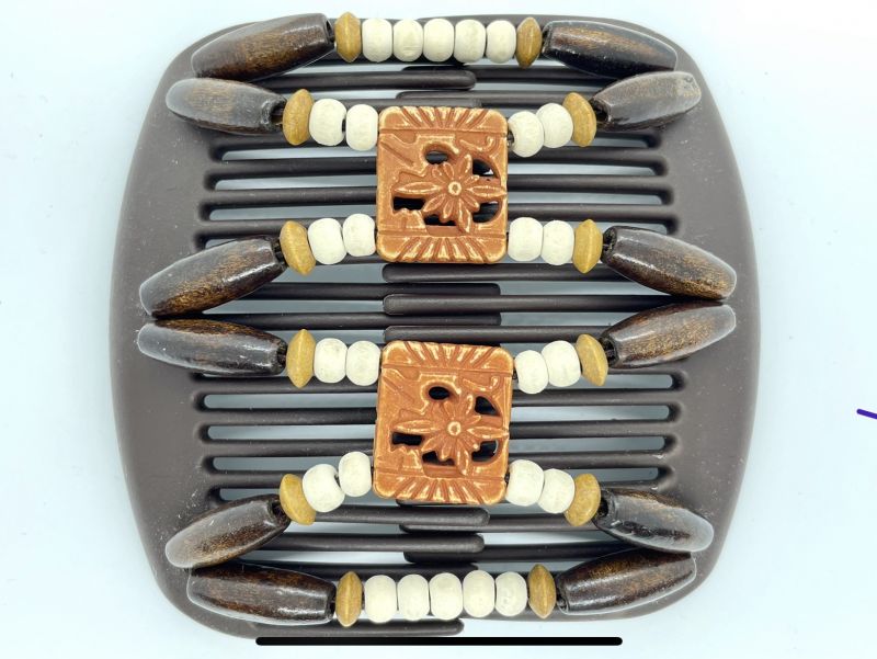 African Butterfly hair clip on brown interlocking combs with brown and white wooden beads